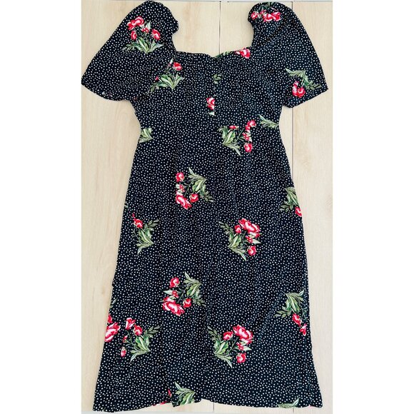 Suzanne Betro Black Floral Polka Dot Puff Sleeve Wrap Dress XL / 1950s Homemaker - Picture 2 of 16